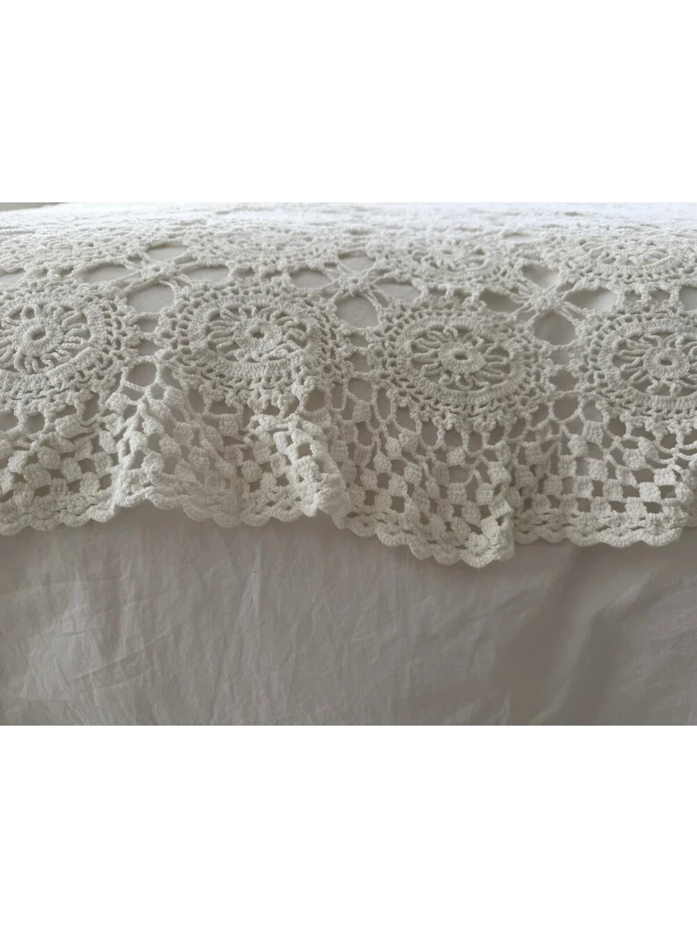Vintage Hand Crocheted Lace Bedspread White Cotton Full Queen Coverlet